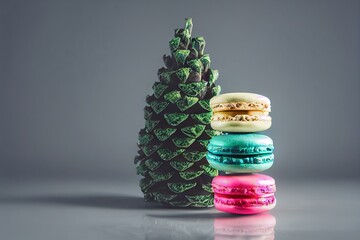 3D rendering of computer-generated holiday macarons. Computer-generated image brand new for Christmas 2022 holiday season. Seasonal and colorful rich sweet desert for the winter holidays