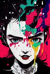 Vibrant digital graffiti pattern. Computer-generated image with splashy paint/ink effects for a wet, dripping, splattered look. Abstract street art with girl character made by computer