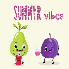 Vector illustration of funny characters, cartoon characters, pear and plum, funny fruits, summer vibes, party, beach.