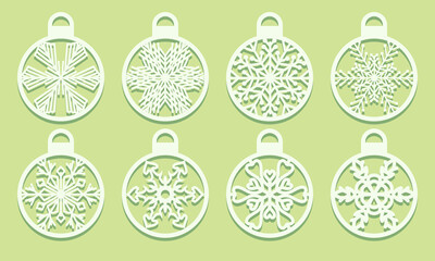 Christmas balls with Snowflakes laser cutting. Set cut out of paper. Sample Templates. Xmas tree decoration for party laser or plotter cut printing serigraphy or wood carving Vector illustration