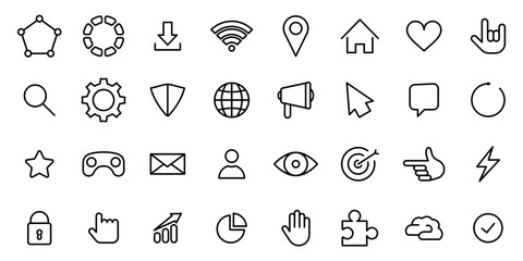 Conjunto de iconos de entretenimiento y comunicación. Videojuegos, clic, creatividad, mano, rayo, favorito, corazón, descargar, marketing. Ilustración vectorial