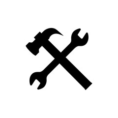 Cross hammer and wrench key vector isolated on white background.Hummer icon with wrench spanner icon, tools icon. Vector illustration.