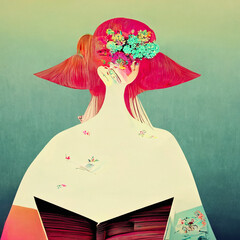 A girl made of flowers reading a book - the power of reading