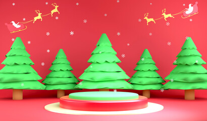 Obraz premium 3D rendering podium and Christmas tree on red background, 3d illustration snowflake and Santa sleigh backdrop
