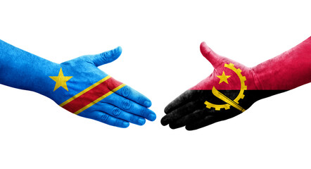 Handshake between Angola and Dr Congo flags painted on hands, isolated transparent image.