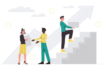Business growth. Ambitious men and women entrepreneurs or employees of company building ladder of development and success. Teamwork, collaboration and motivation. Cartoon flat vector illustration