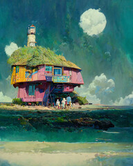 A house on a beach island, built using driftwood and planks of boards, illustrated and painted in oils, detailed and colourful in a Caribbean setting, in pastel colors