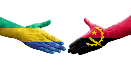 Handshake between Angola and Gabon flags painted on hands, isolated transparent image.