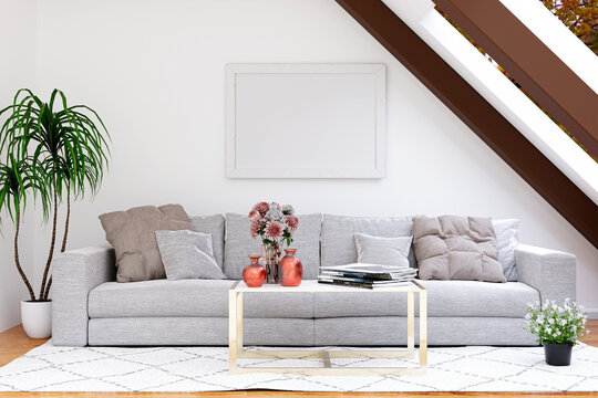 3d rendered illustration of a bright attic living room with mockup picture frame and indoor plants.