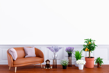 3d rendered illustration of a living room with leather sofa and indoor plants.