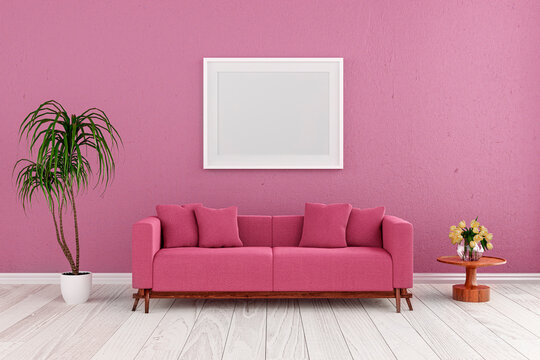 3d Rendered Illustration Of A Living Room With Pink Wall.