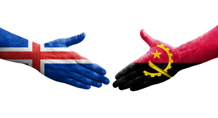 Handshake between Angola and Iceland flags painted on hands, isolated transparent image.