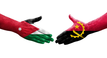 Handshake between Angola and Jordan flags painted on hands, isolated transparent image.