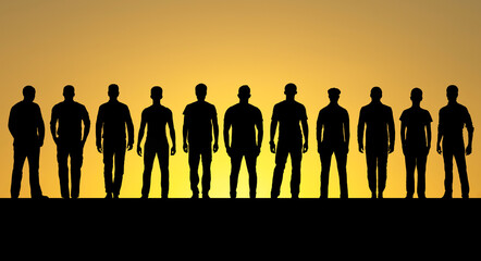 Silhouette of different ages men standing in a row - obrazy, fototapety, plakaty