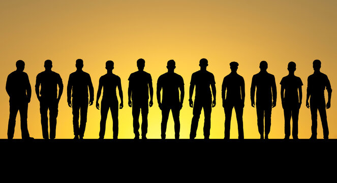 Silhouette of different ages men standing in a row