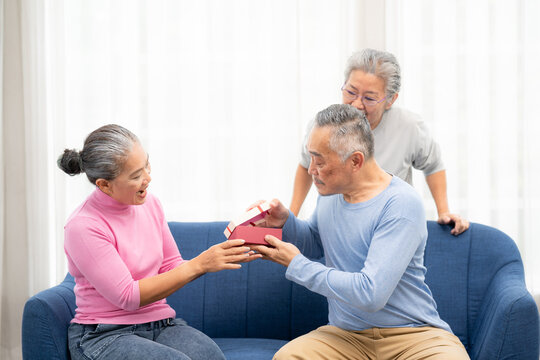 Happy Senior Asian Women Covering Eyes Of Senior Asian Man For Surprise With Gift Box In Home. Group Of Happy Senior Asian Giving A Gift In Living Room. Happy Moment On Sofa.