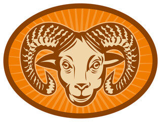 Obraz premium illustration of a Bighorn sheep or ram head with sunburst in the background set inside an oval.