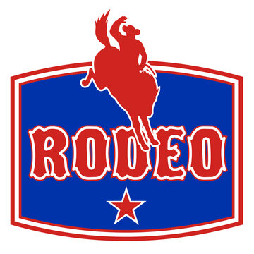 retro style illustration of an American Rodeo Cowboy riding a bucking bronco horse jumping with star and in background with words "rodeo"
