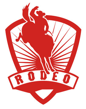 retro style illustration of an American Rodeo Cowboy riding a bucking bronco horse jumping with sunburst in shield background and scroll with words "rodeo"