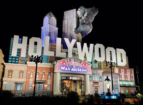 Branson, Missouri, U.S - June 20, 2022 - The Hollywood Wax Museum building illuminated at night