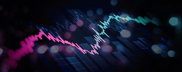 Financial graph with up trend line candlestick chart in stock market on neon color Widescreen background
