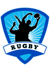 illustration of silhouette of rugby player jumping to catch line-out throw set inside shield with words rugby
