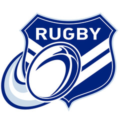 illustration of a rugby ball flying with shield and chevron in background