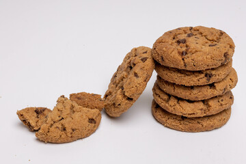 Chocolate chip cookies isolated on white background, Homemad cookies close up.