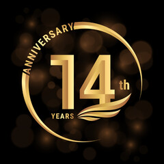 14th Anniversary Logo, Logo design with gold color wings for poster, banner, brochure, magazine, web, booklet, invitation or greeting card. Vector illustration