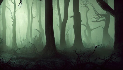 Obraz premium halloween background, digital illustration of dense spooky forest 