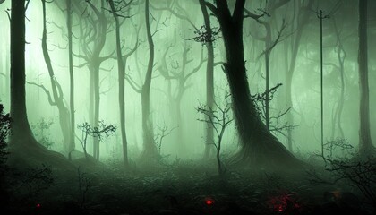 Obraz premium halloween background, digital illustration of dense spooky forest 