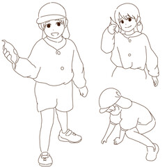 いもほりをする園児のイラストセット(線画)