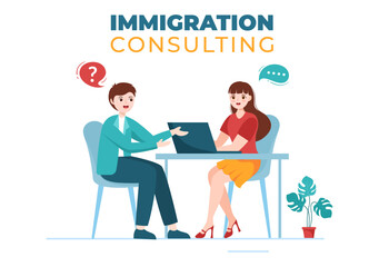 Fototapeta na wymiar Immigration Consultant Template Hand Drawn Cartoon Flat Illustration Counseling Assistance for Provide Advice to People Who Will Make the Move