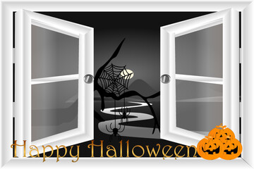 A view of Halloween background through the window, stock illustration