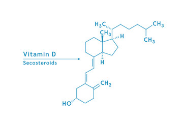 Obraz premium Vitamin D structural blue outline chemical formula. Medical and scientific concepts. Isolated on white background. Vector EPS10 illustration