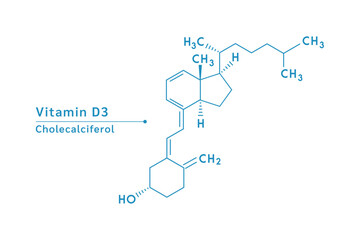 Vitamin D3 structural blue outline chemical formula. Medical and scientific concepts. Isolated on white background. Vector EPS10 illustration
