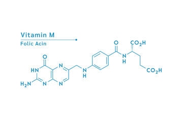 Vitamin M structural blue outline chemical formula. Medical and scientific concepts. Isolated on white background. Vector EPS10 illustration