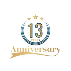 Fototapeta premium 13 Year Anniversary Vector Template Design Illustration. Gold And Blue color design with ribbon
