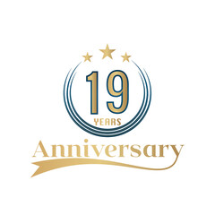 19 Year Anniversary Vector Template Design Illustration. Gold And Blue color design with ribbon