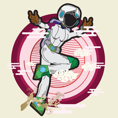 astronout illustration design with japanese style background, logo, labels, notebook