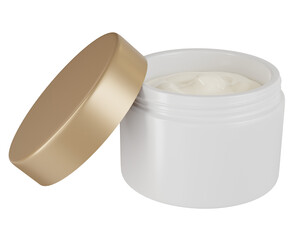 3d rendering white cosmetic cream jar open gold lid