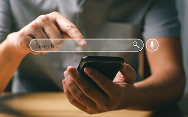 Search Engine Concept. Tools or programs for searching for information on the Internet. Men's hands...