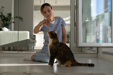 Cute fluffy kitty looks with trust at hand of owner girl in which treat. Calm woman teaching...