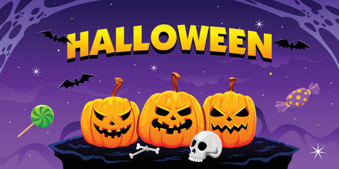 Happy halloween spooky cartoon illustration. Graphic design for the decoration of gift certificates, banners and flyer.