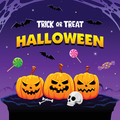 Halloween spooky cartoon illustration. Graphic design for the decoration of gift certificates, banners and flyer.