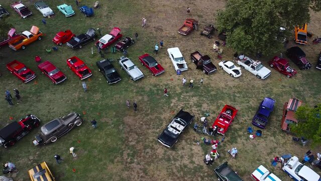 Aerial Classic Car Show Above Angled 4K Showing Great Color