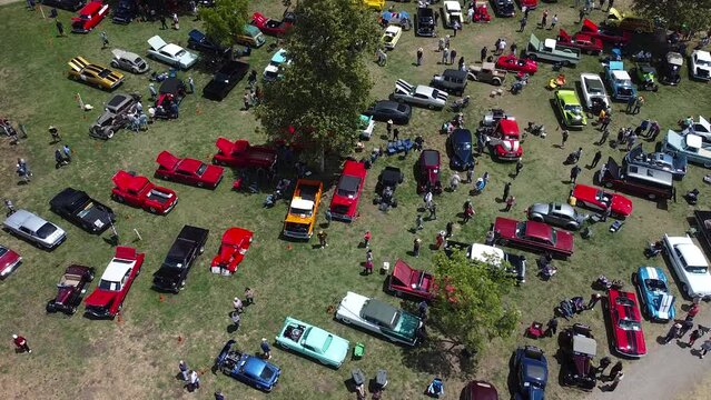 Aerial Classic Car Show Above Angled 4K Showing Great Colours