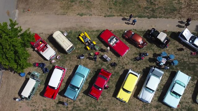 Aerial Classic Car Show Above Angled 4K Showing Great Color