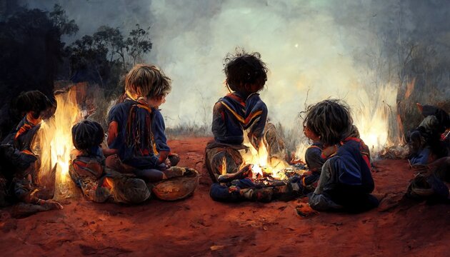 Aboriginal Australian Children Are Playing Around A Campfire In The Dry Red Outback Bush, Concept Digital Illustration