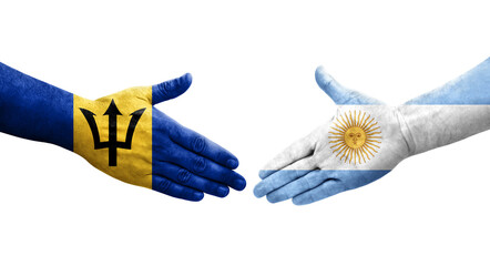 Handshake between Argentina and Barbados flags painted on hands, isolated transparent image.